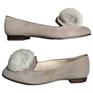 Louise et Cie "Lo-Andres" Gravel Gray Suede Loafers w/ Rabbit Fur Pom-Pom, 7M